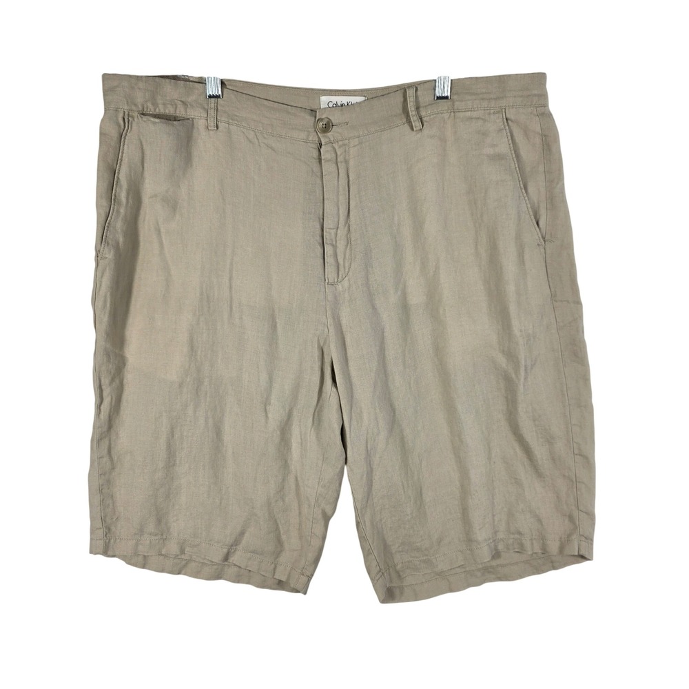 Calvin Klein Linen Shorts Mens 40 Beige Flat Front 100% Linen